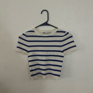 Zara Navy and White Striped Knit Tee